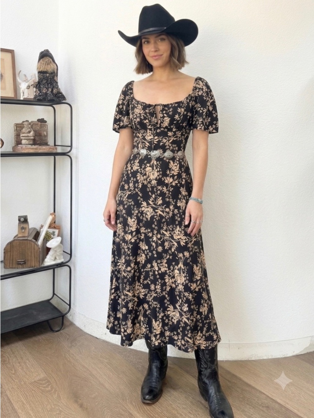 NWT A New Day Boho Western Flutter Floral Midi Dress Black Beige S Lined Bust